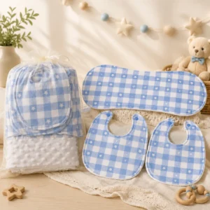 Blue Gingham - bibs & burping and baby blanket set